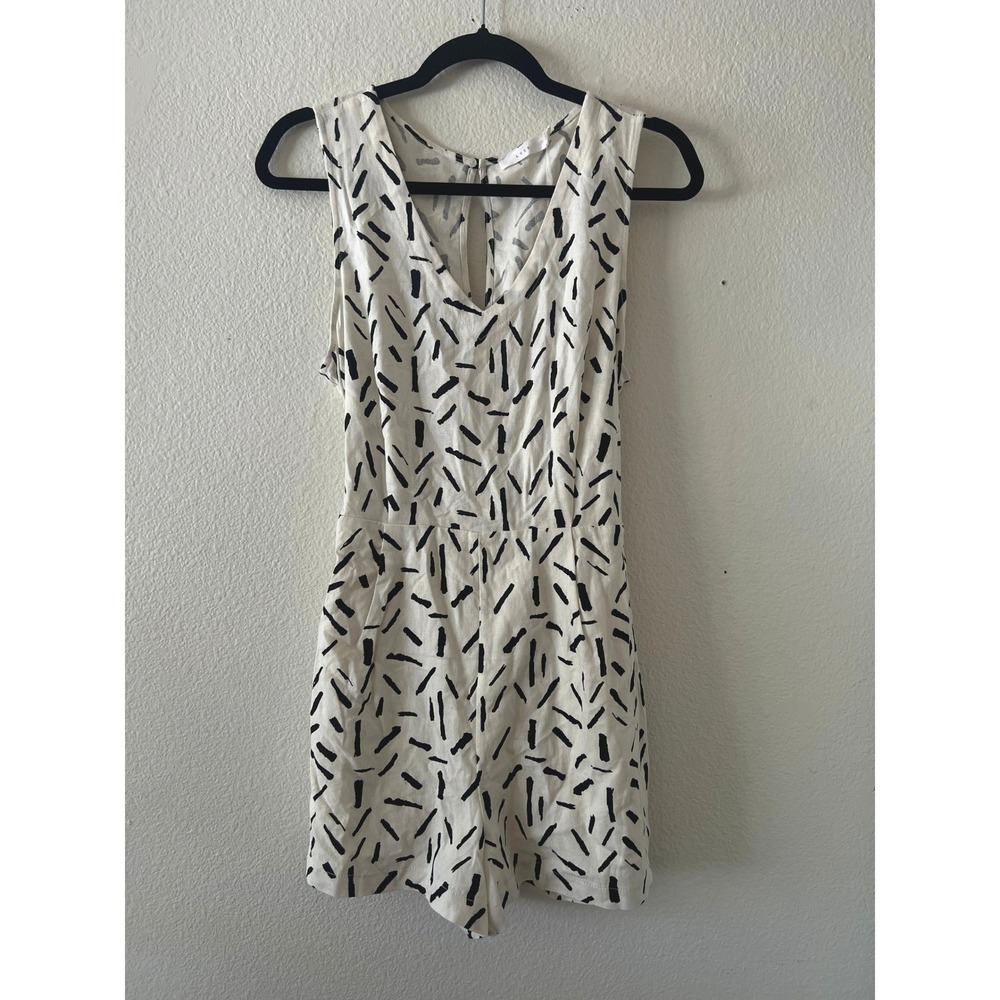 Lush White Black Brushstroke Linen Blend V-Neck Romper P6667-I Large NWOT